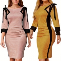 Fashion Contrast Color Stripe Printed Crew Neck Cutout Elbow Sleeve Bodycon Dress