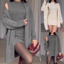 Fashion Knitted Two-piece Set Consist of Longline Cardigan and Sleeveless Dress