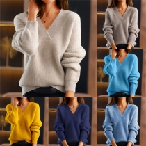 Fashion Solid Color V-neck Long Sleeve Sweater