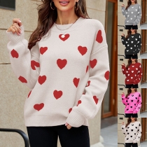 Fashion Heart Printed Crew Neck Long Sleeve Sweater