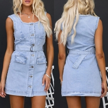 Fashion Square Neck Sleeveless Front Button Old-washed Denim Dress with Belt