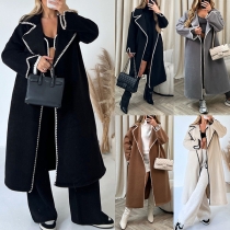 Fashion Contrast Color Hemline Notch Lapel Long Sleeve Longline Duffle Jacket