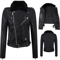 Street Fashion Detachable Plush Collar Shoulder Epaulettes Long Sleeve Slant Zipper Artificial Leather PU Jacket
