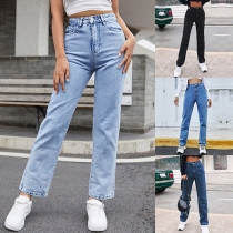 Fashion High-rise Straight-cut Old-washed Denim Jeans