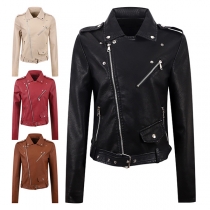 Street Fashion Stand Collar Long Sleeve Slant Zipper Artificial Leather PU Jacket