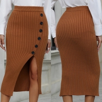 Fashion Solid Color High-rise Side Button Slit Ribbed Skirt