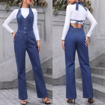 Street Fashion Halterneck V-neck Front Button Backless Straight-cut Denim Jumpsuit