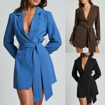 Fashion Notch Lapel Long Sleeve Self-tie Suit Dress