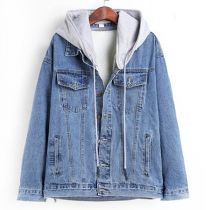 Fashion Detachable Hooded Long Sleeve Warm Plush Lined Old-washed Denim Jacket