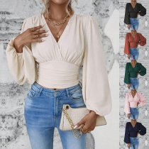 Fashion Solid Color V-neck Lantern Long Sleeve Ruched Shirt