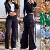 Fashion Solid Color Two-piece Set Consist of Crop Jacket and Straight-cut Pants with Side Patch Pockets