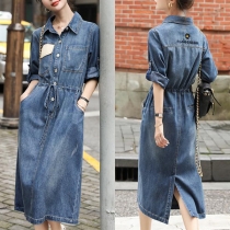 Fashion Stand Collar Long Sleeve Drawstring Waist Back Slit Old-washed Denim Dress