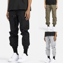 Fashion Side Patch Pockets Button Drawstring Waist Cargo Pants for Men