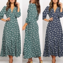 Fashion Floral Printed V-neck High-rise Elbow Sleeve Midi Dress