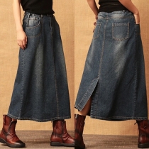 Vintage High-rise Back Slit Old-washed Denim Skirt