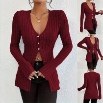 Sexy Button V-neck Long Sleeve Slit Ribbed Shirt