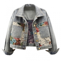 Vintage Floral Printed Stand Collar Long Sleeve Crop Denim Jacket