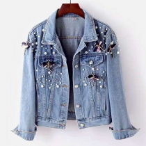 Street Fashion Pearl Long Sleeve Old-washed Denim Jacket for Women