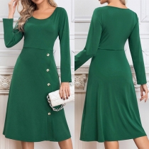 Fashion Crew Neck Long Sleeve Side Button Dress