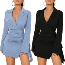 Fashion Notch Lapel V-neck Trumpet Long Sleeve Side Slit Bodycon Dress