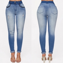 Street Fashion Gradient Color High-rise Distressed Skinny Denim Jeans