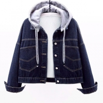 Fashion Artificial Fur Spliced Collar Long Sleeve Plush Lined Denim Coat for Women