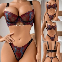 Vintage O-ring FLoral Embroidered Two-piece Lingerie Set