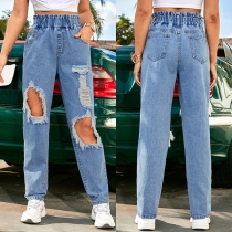 Street Fashion Elastic Waist Heavy Distressed Straight-cut Denim Jeans