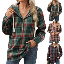 Vintage Plaid Drawstring Hooded Long Sleeve Shirt