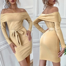 Sexy Off-the-shoulder Long Sleeve Self-tie Ribbed Bodycon Dress