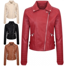 Street Fashion Stand Collar Long Sleeve Slant Zipper Artificial Leather PU Jacket