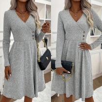 Fashion V-neck Long Sleeve Side Button Ribbed Dress