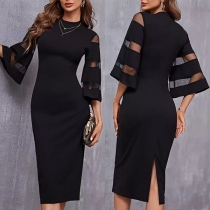 Elegant Crew Neck Gauze Spliced Elbow Sleeve Back Slit Bodycon Dress