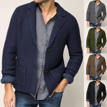 Casual Solid Color Front Button Patch Pockets Long Sleeve Knitted Cardigan for Men