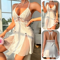 Sexy Lace Spliced Satin V-neck Backless Nightwear Dress