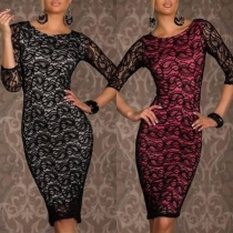 Elegant Crew Neck Elbow Sleeve Bodycon Lace Dress