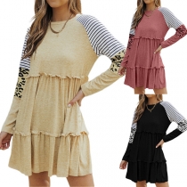 Fashion Stripe Printed Leopard Printed Long Sleeve Crew Neck Tiered Dress