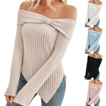 Fashion Off-the-shoulder Long Sleeve Irregular Hemline Ribbed Shirt