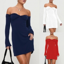 Fashion Solid Color Off-the-shoulder Long Sleeve Bodycon Dress