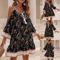 Bohemian Style Floral Printed Crew Neck Open-shoulder Long Sleeve Mini Dress