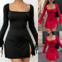 Sexy Square Neck Long Sleeve Side Slit Bodycon Dress