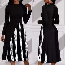 Fashion Contrast Color Crew Neck Long Sleeve A-line Dress