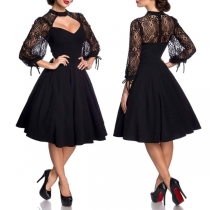 Vintage Lace Spliced Front Cutout Elbow-sleeve Mini Dress