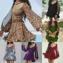 Fashion V-neck Slit Long Sleeve Mini Dress