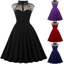 Vintage Gauze Spliced Mock Neck Sleeveless A-line Dress