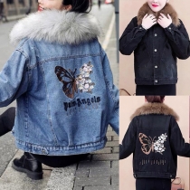 Fashion Butterfly Emboridery Detachable Artificial Fur Spliced Collar Long Sleeve Plush Lined Denim Jacket for Women