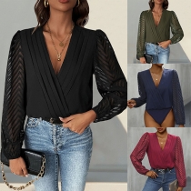 Fashion Gauze Spliced Long Sleeve Pleated V-neck Bodysuit