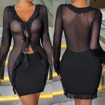 Sexy Ruffle V-neck Front Cutout Long Sleeve Gauze Spliced Bodycon Party Dress