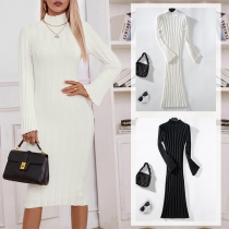 Fashion Mock Neck Long Sleeve Ribbed Bodycon Dress
