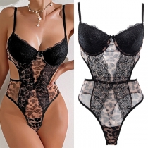 Sexy Lace Spliced Leopard Printed Backless Lingerie Bodysuit